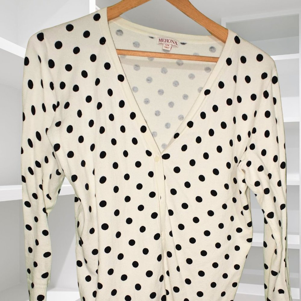 Merona	Cream & Black Polka Dot Cardigan	 - Size L